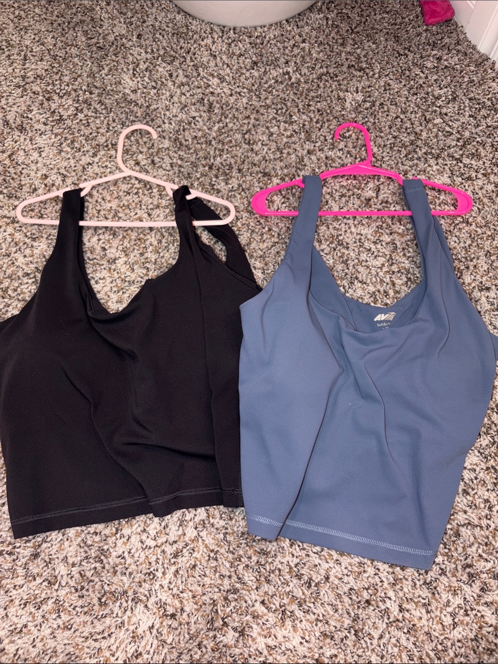 Avia Seamless Sports tanks with built in bra in Black and Slate Blue